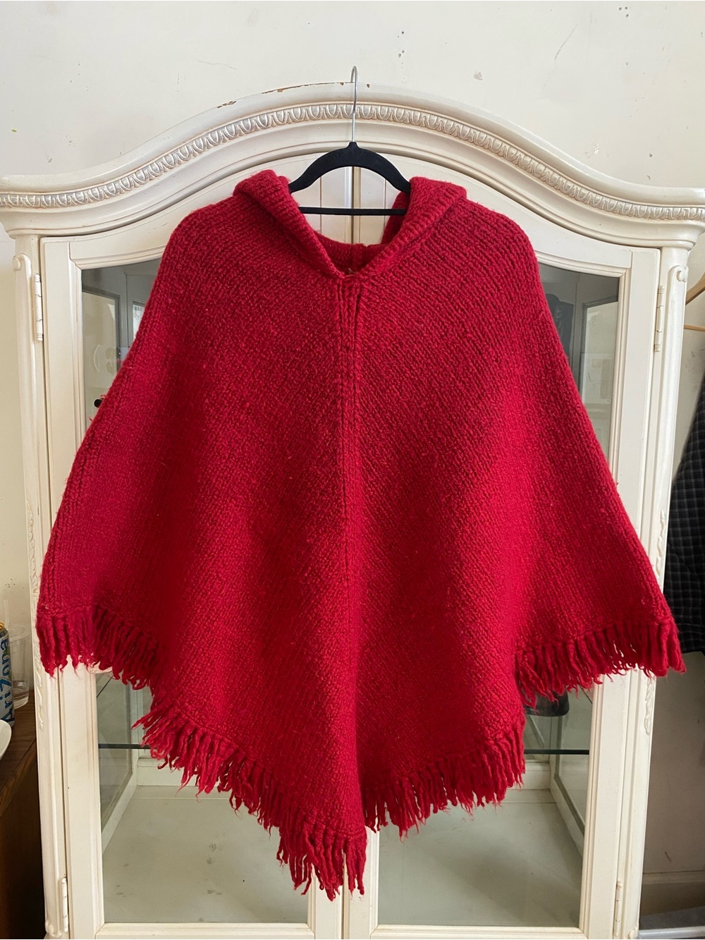 Red Hooded Fringe Poncho Sweater